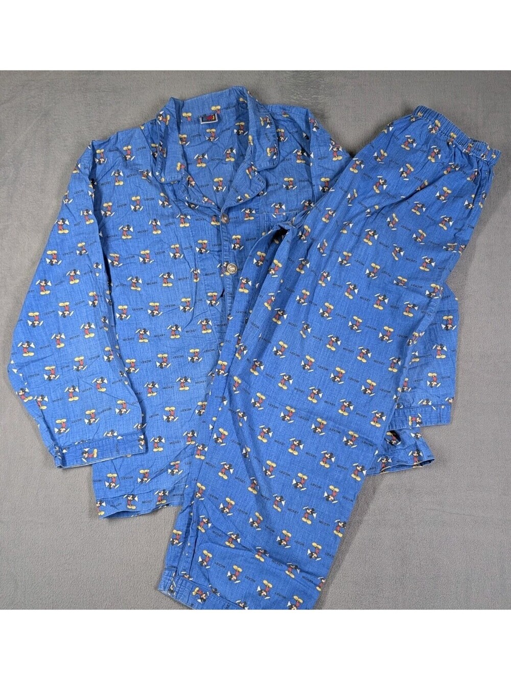 Vintage Disney Mens L Blue Mickey Mouse Pajama Set Button Down 90s AOP